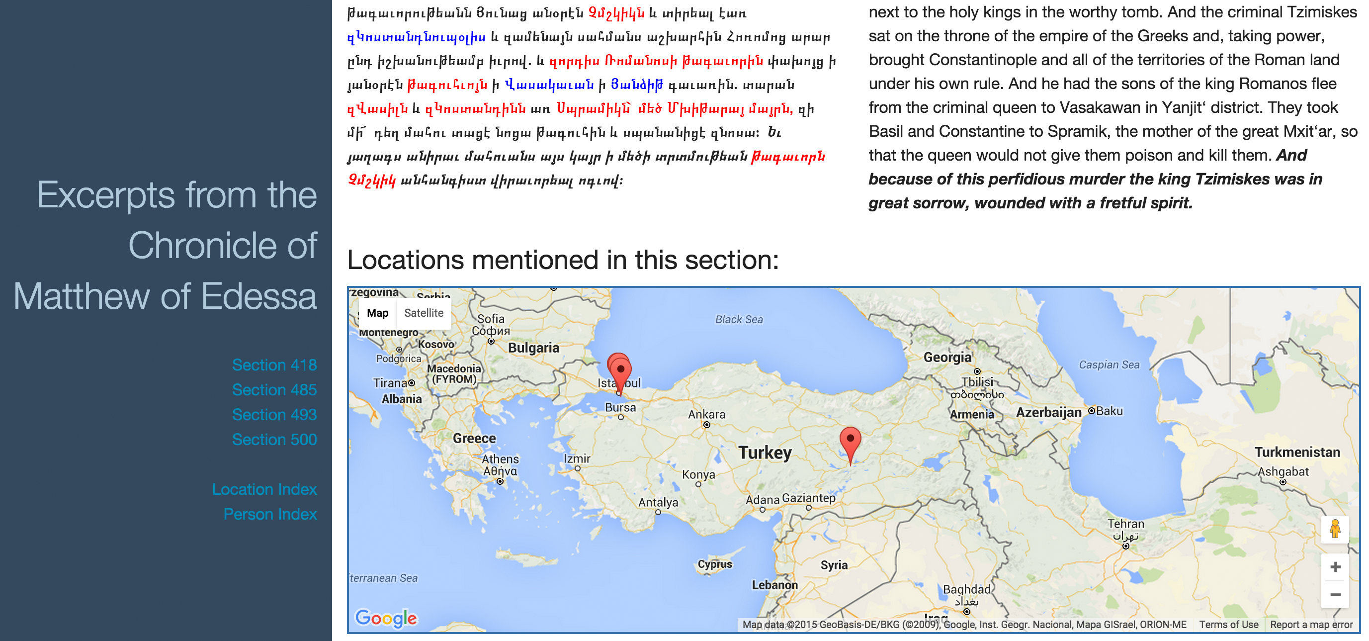  : Screenshot der
                          Webseite. Neben der Transkription (linke Spalte), befinden sich die
                          englische Übersetzung (rechte Spalte), sowie ein Karte mit
                          Positionsmarkierungen der im Text vorkommenden Ortsbeschreibungen. 